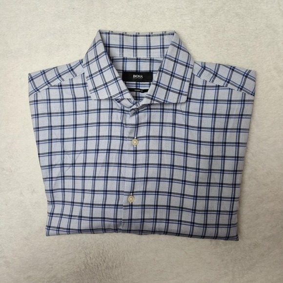 Boss Other - Hugo Boss Shirt Mens 15.5 Blue Check Slim Spread Collar Dress Long Sleeve Work
